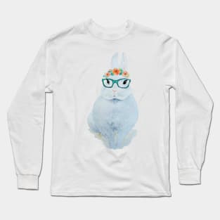 Watercolor Easter Bunny with Glasses and a Flower Crown Long Sleeve T-Shirt